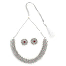 Rhodium-Plated with Silver-Tone Double Layered Kundan-Studded Leaf Shaped Jewellery Set