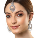 Rhodium-Plated Silver-Toned White Round American Diamond Studded Maang Tikka & Earrings Set