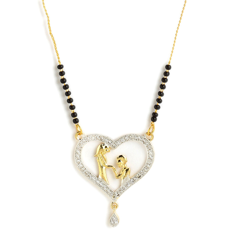 Set of 3 Gold-Plated Black & White American Diamond-Studded & Beaded Heart Shaped Mangalsutra