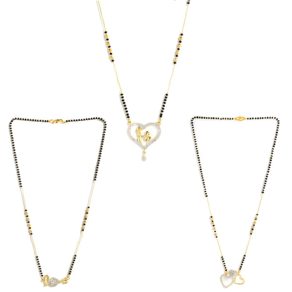 Set of 3 Gold-Plated Black & White American Diamond-Studded & Beaded Heart Shaped Mangalsutra