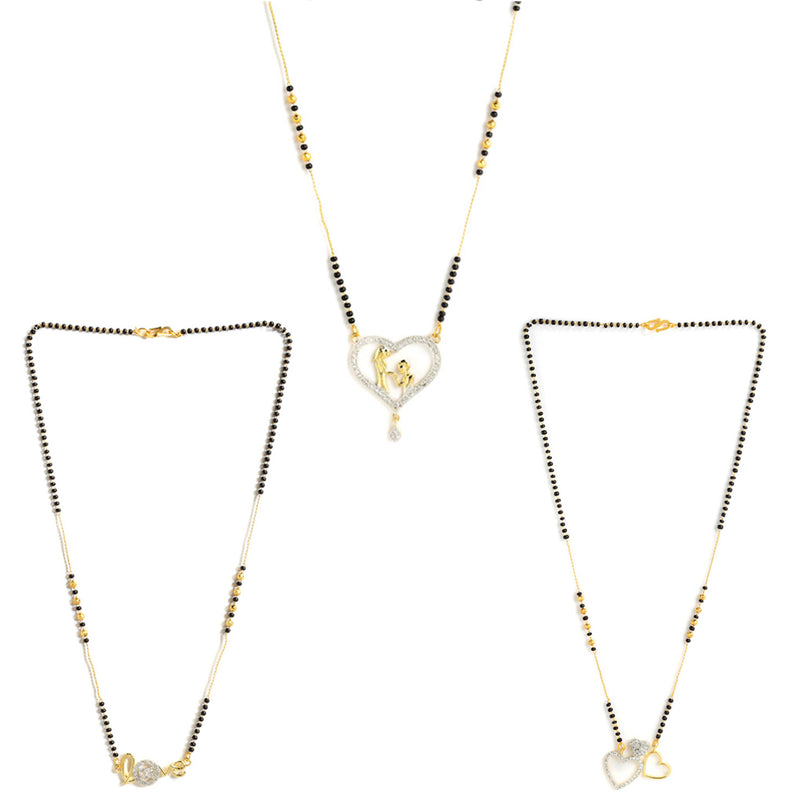 Set of 3 Gold-Plated Black & White American Diamond-Studded & Beaded Heart Shaped Mangalsutra