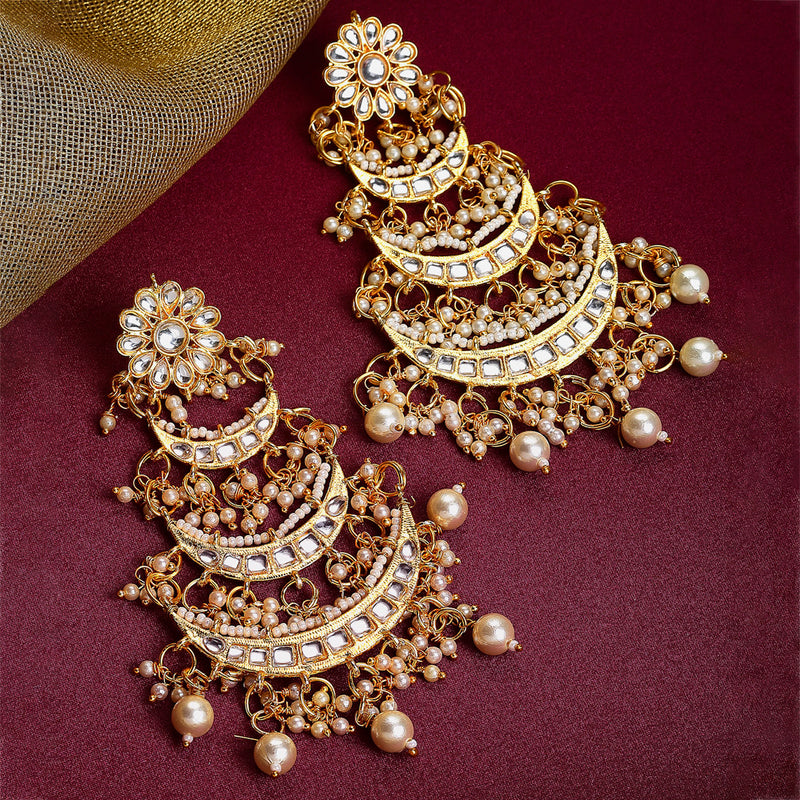 Gold-Plated Off White Kundan & Pearls Beaded Chandbalis Earrings