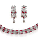 Rhodium-Plated with Oxidised Silver-Tone Red Kundan Studded Jewellery Set