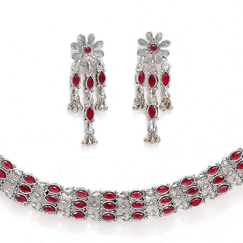 Rhodium-Plated with Oxidised Silver-Tone Red Kundan Studded Jewellery Set