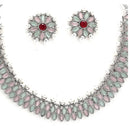 Rhodium-Plated with Silver-Tone Double Layered Kundan-Studded Leaf Shaped Jewellery Set