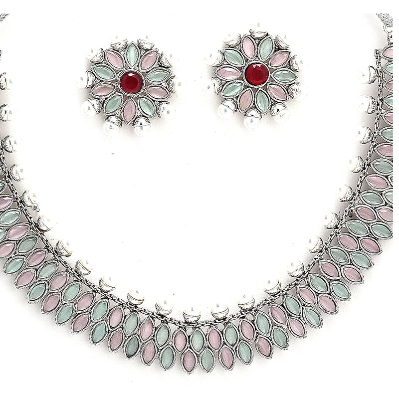 Rhodium-Plated with Silver-Tone Double Layered Kundan-Studded Leaf Shaped Jewellery Set