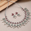 Rhodium-Plated with Oxidised Silver-Tone Red Green and White Kundan Studded Jewellery Set