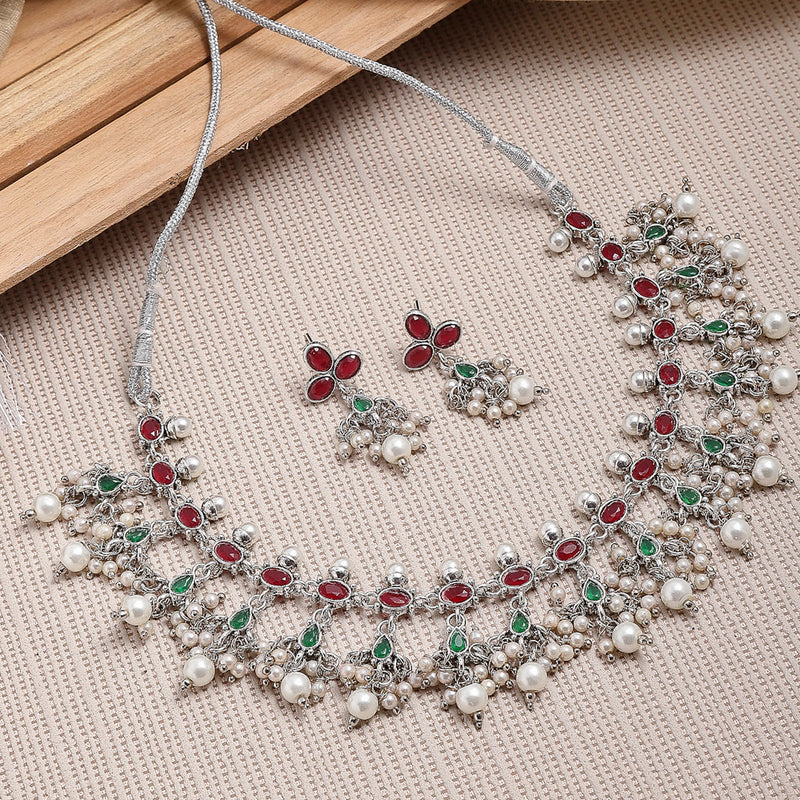 Rhodium-Plated with Oxidised Silver-Tone Red Green and White Kundan Studded Jewellery Set