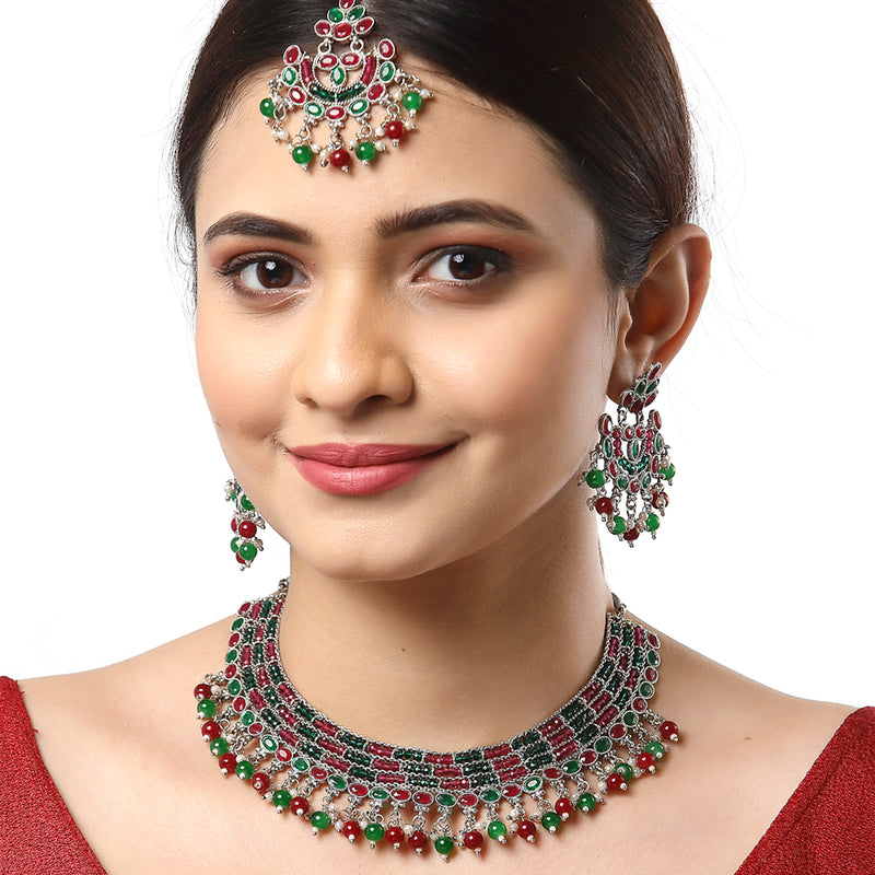 Rhodium-Plated with Silver-Tone Silver-Plated Red & Green Stones Studded Jewellery Set