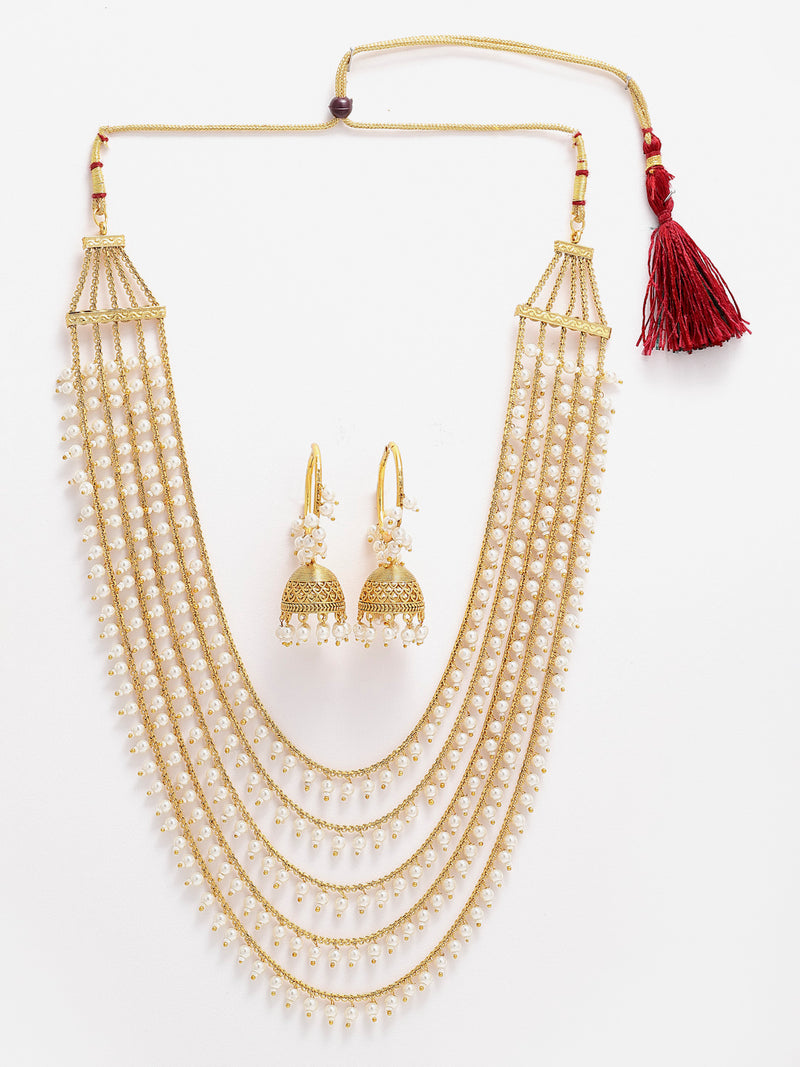 Gold-Plated White Pearl Drop 5 Layered Necklace with Hoop Jhumka Earrings