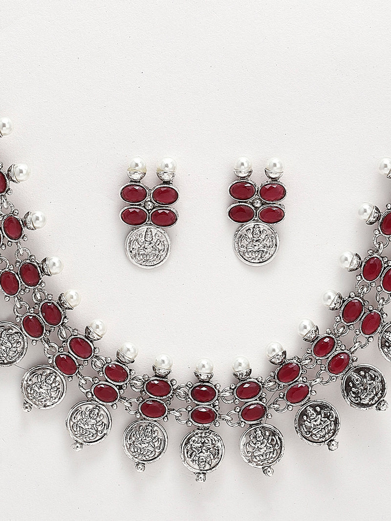Temple Coin Rhodium-Plated with Silver-Tone Kundan-Studded Jewellery Set