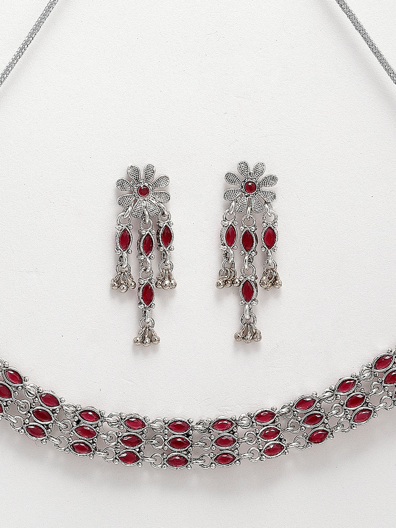 Rhodium-Plated with Oxidised Silver-Tone Red Kundan Studded Jewellery Set