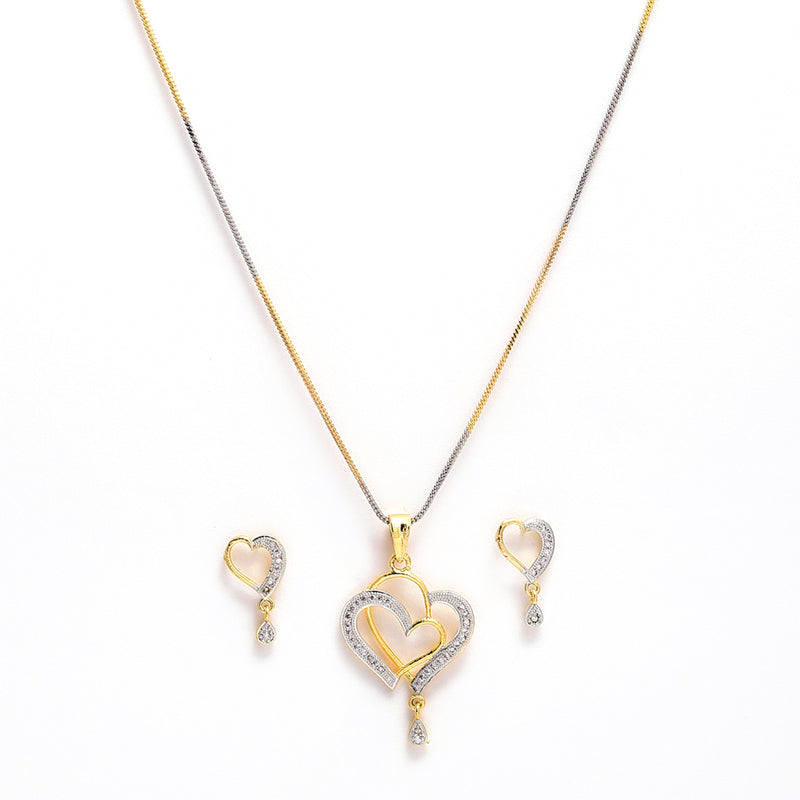 Gold-Plated Heart & Peacock Pink Cubic Zirconia Stone Studded Pendant Set With Chain & Earrings Combo