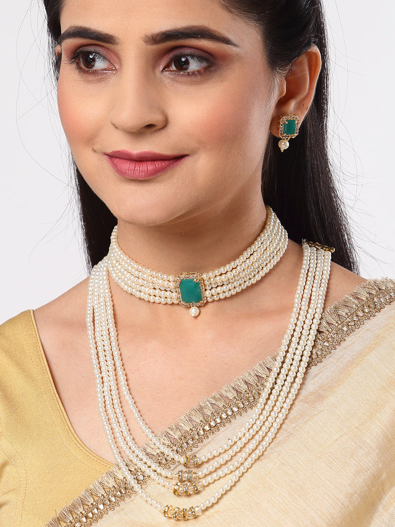 Gold-Plated Green Stone-Studded & Pearl Beaded Jewellery Set Combo