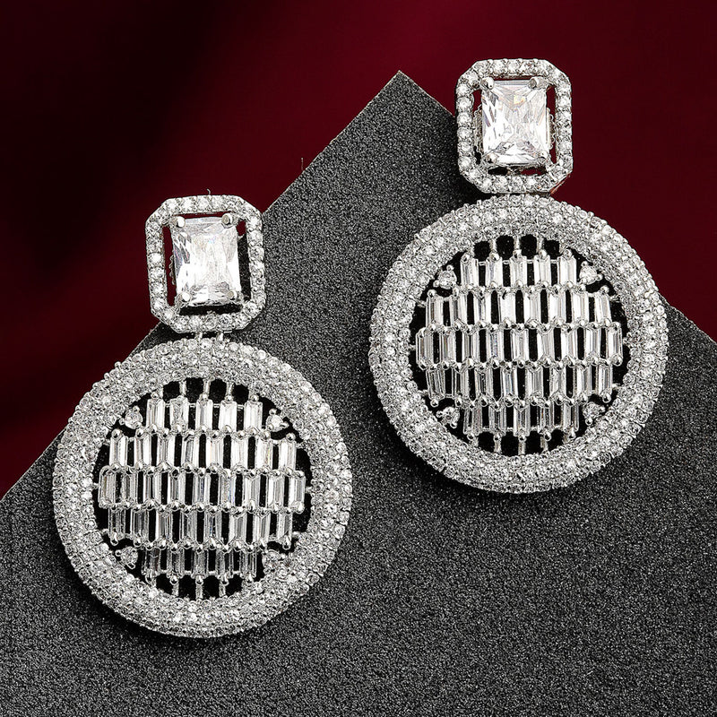 White American Diamond Studded Geometric Shaped Rhodium-Plated with Silver-Tone Drop Earrings