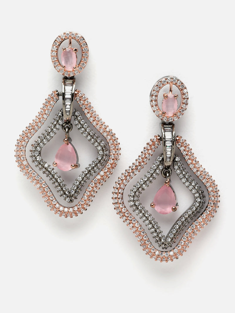 Rose Gold-Plated Gunmetal Toned Pink American Diamond studded Layered Drop Earrings