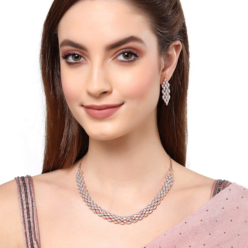 Rose Gold-Plated White American Diamond Studded Handcrafted Jewellery Set