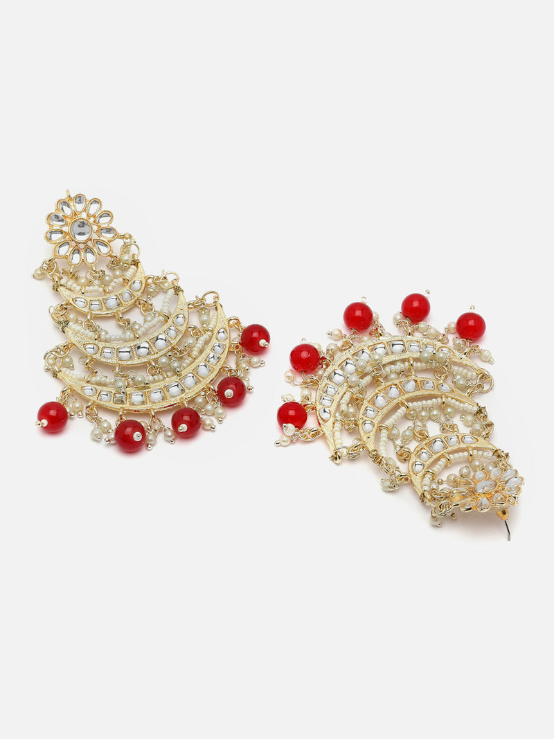 Gold-Plated Red Pearls & Kundan studded Crescent Shaped Vilandi Drop Earrings