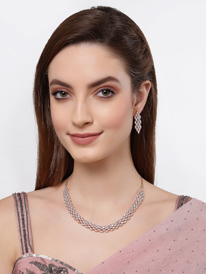 Rose Gold-Plated White American Diamond Studded Handcrafted Jewellery Set