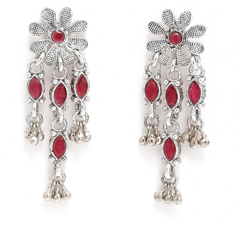 Rhodium-Plated with Oxidised Silver-Tone Red Kundan Studded Jewellery Set
