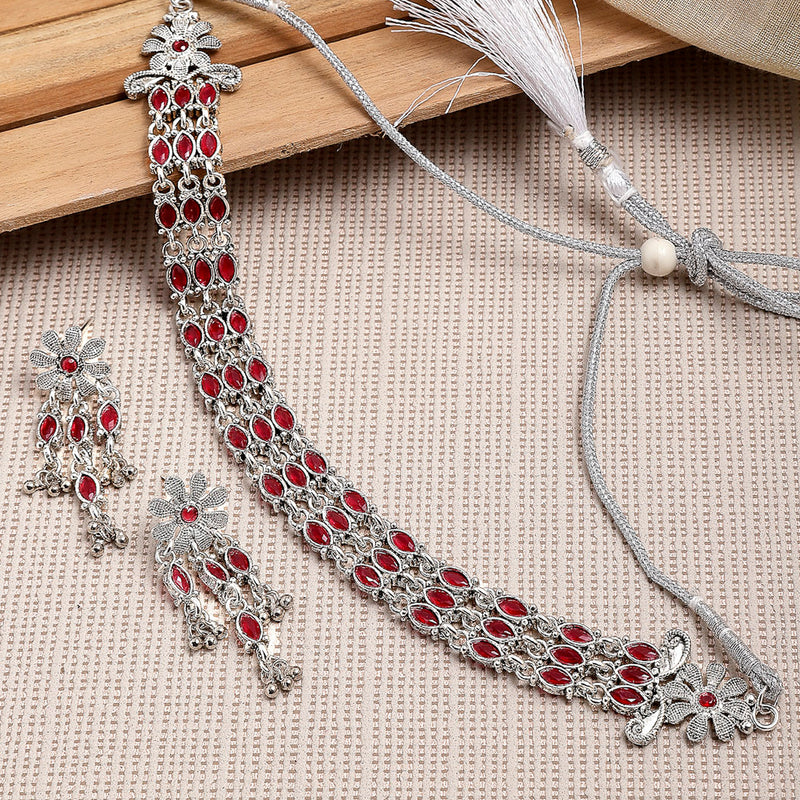 Rhodium-Plated with Oxidised Silver-Tone Red Kundan Studded Jewellery Set