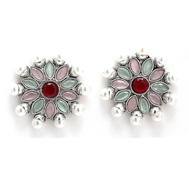 Rhodium-Plated with Silver-Tone Double Layered Kundan-Studded Leaf Shaped Jewellery Set