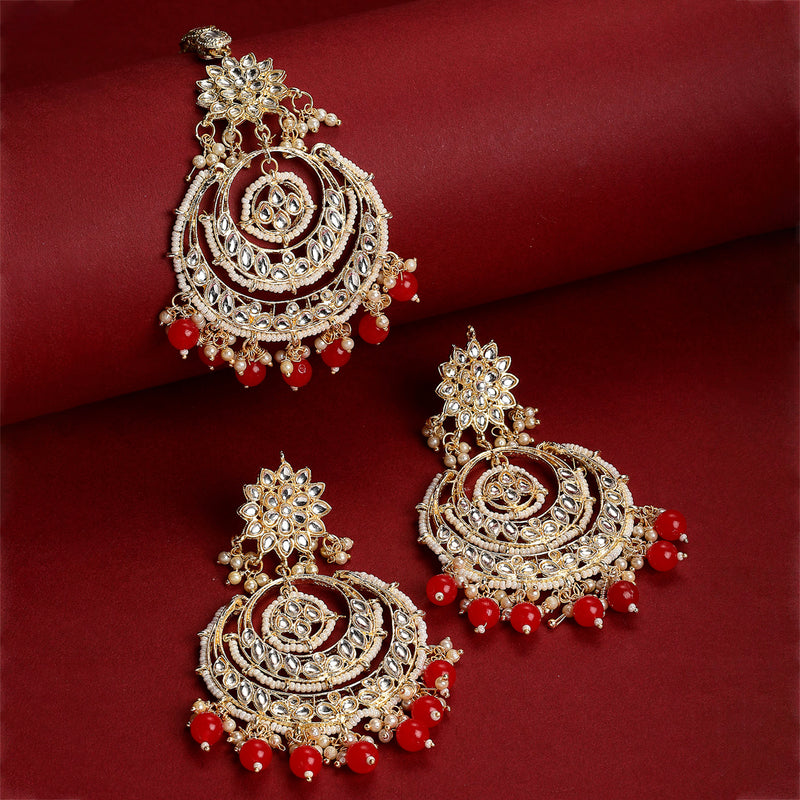 Gold-Plated Pearl Drops Red Kundan Chandbali Maang Tikka & Earrings Set