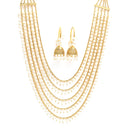 Gold-Plated White Pearl Drop 5 Layered Necklace with Hoop Jhumka Earrings
