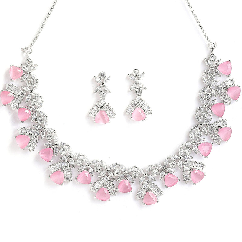 Rhodium-Plated with Silver-Tone White & Pink American Diamond-Studded Jewellery Set