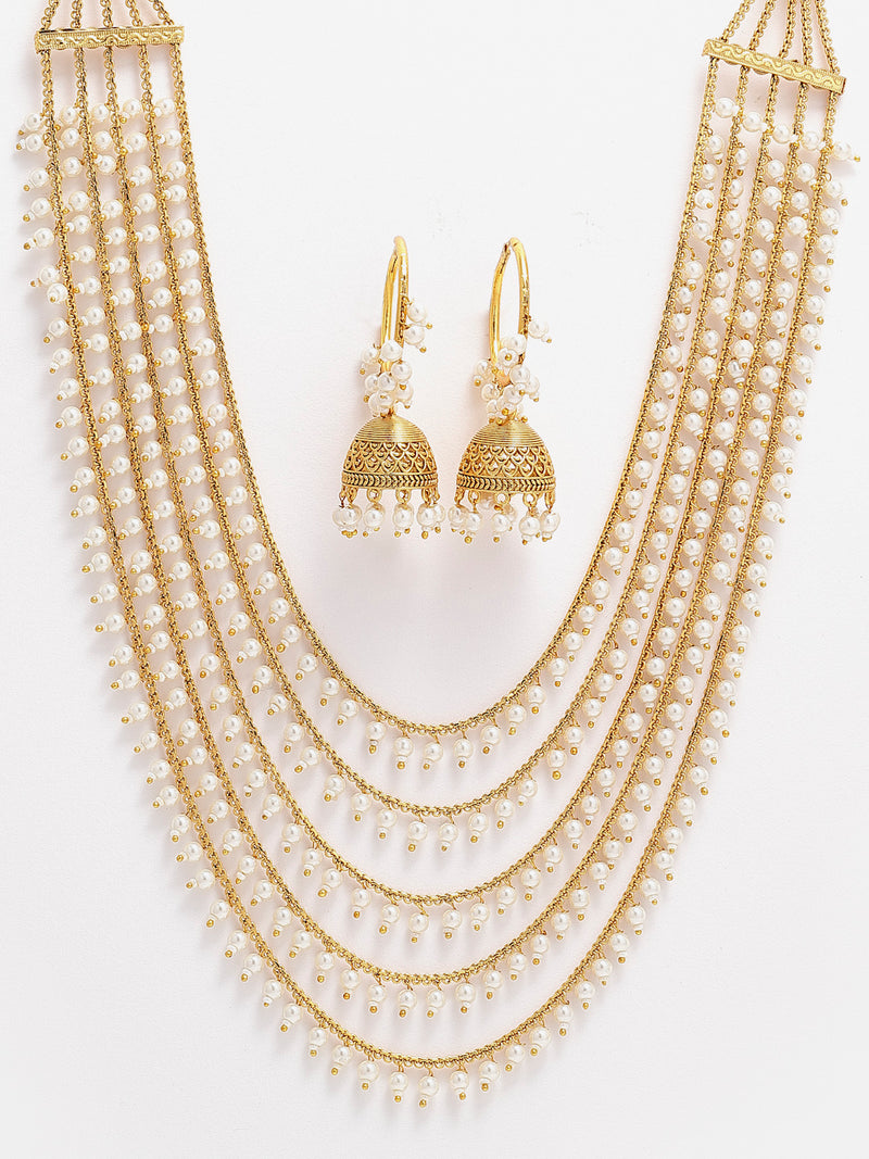 Gold-Plated White Pearl Drop 5 Layered Necklace with Hoop Jhumka Earrings