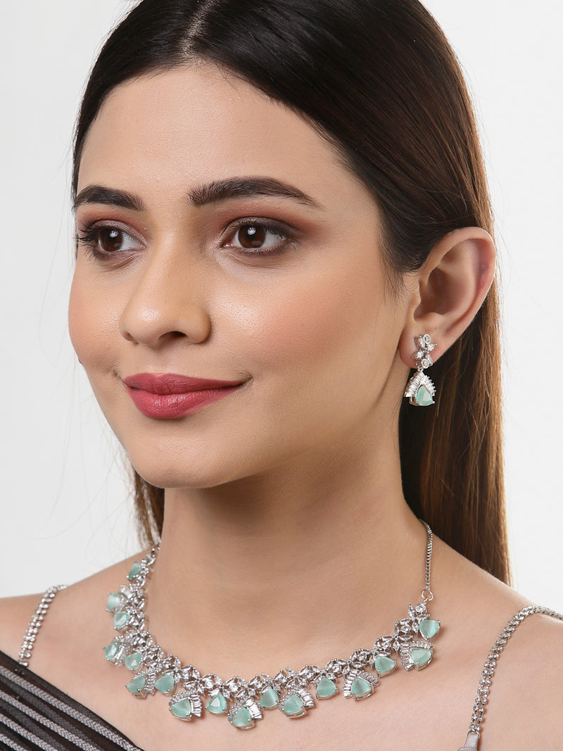 Rhodium-Plated with Silver-Tone & Sea Green American Diamond-Studded  Jewellery Set