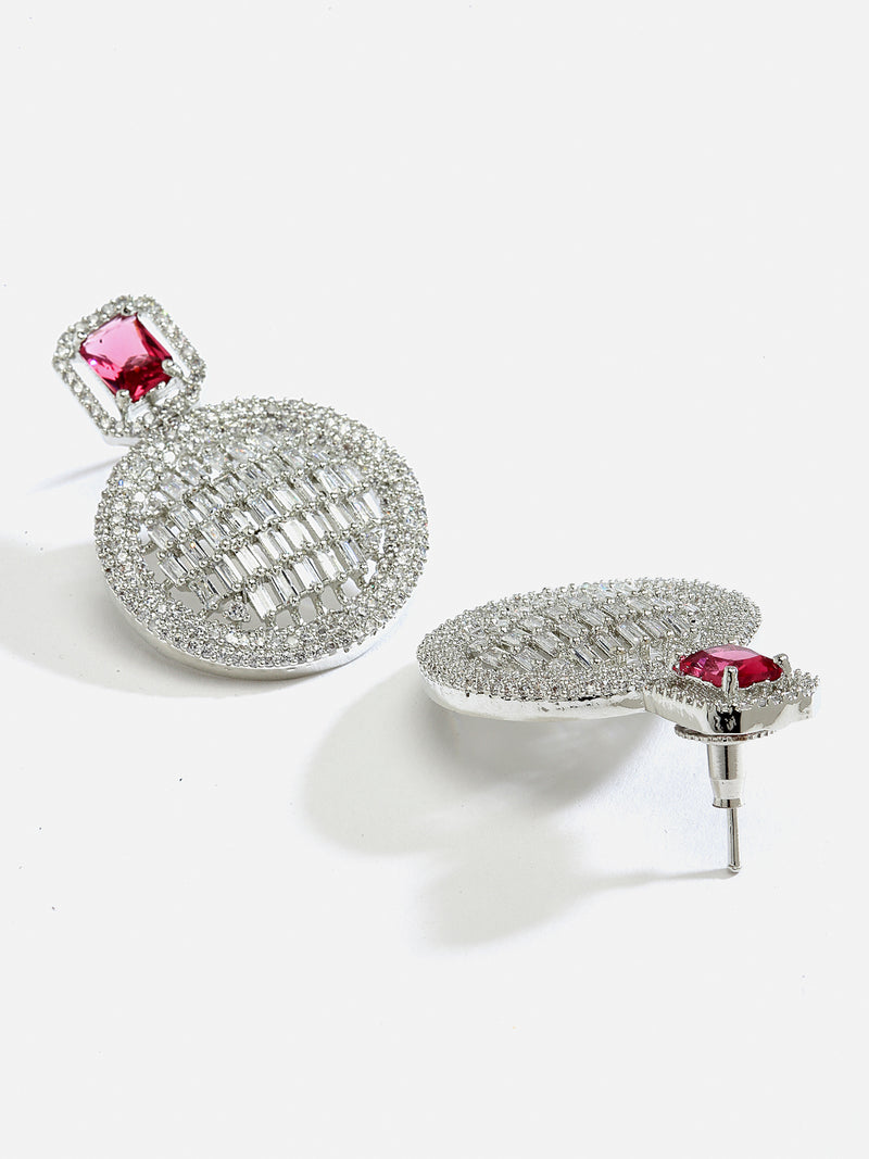 Red American Diamond Studded Geometric Shaped Rhodium-Plated with Silver-Tone Drop Earrings