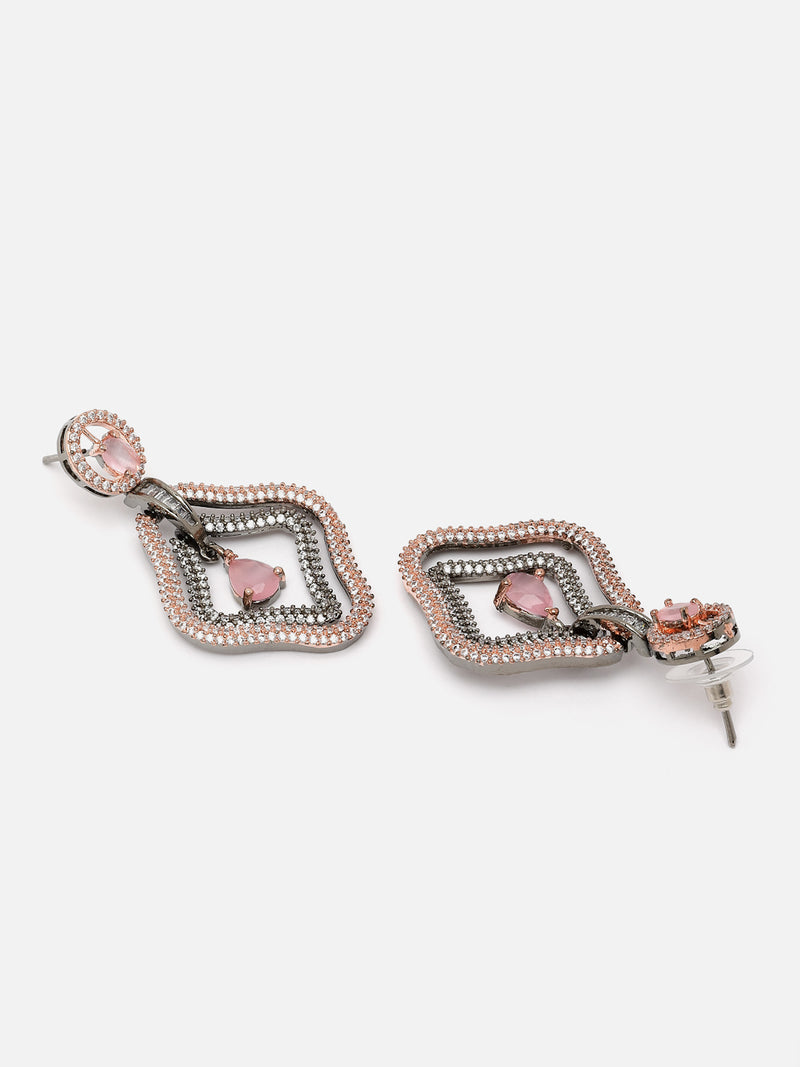 Rose Gold-Plated Gunmetal Toned Pink American Diamond studded Layered Drop Earrings