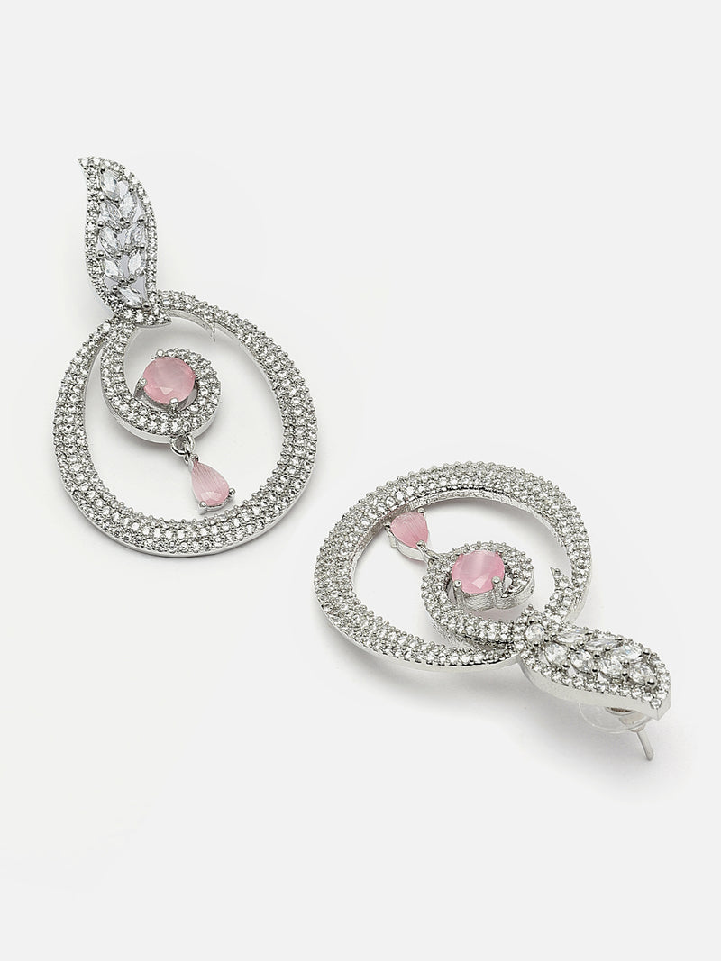 Rhodium-Plated Pink & White American Diamond studded Oval Shaped Drop Earrings