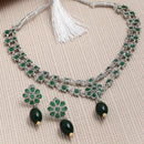 Rhodium-Plated with Oxidised Silver-Tone Green American Diamond-Studded & Pearl Beaded Jewellery Set