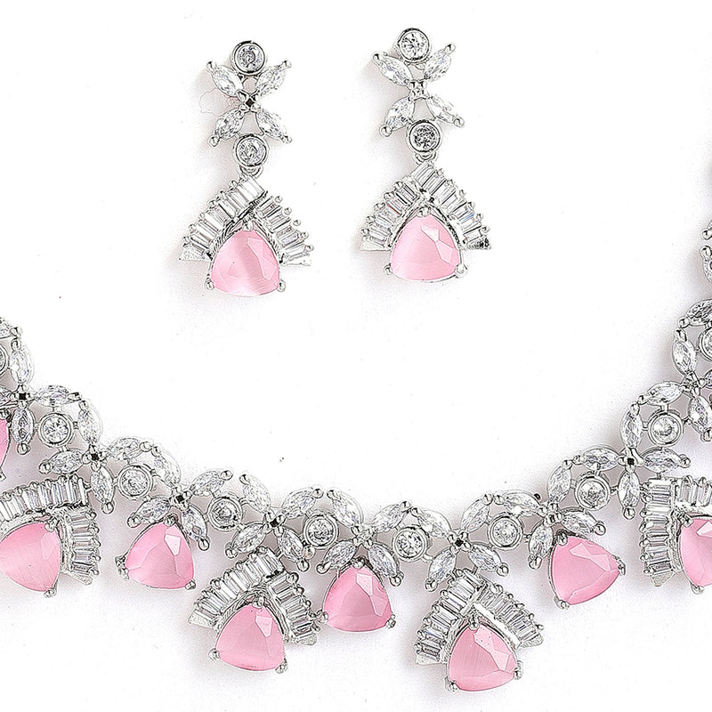 Rhodium-Plated with Silver-Tone White & Pink American Diamond-Studded Jewellery Set
