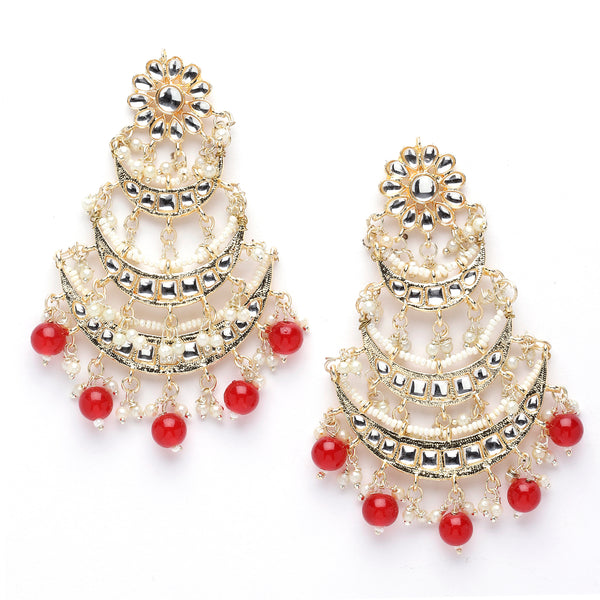 Gold-Plated Red Pearls & Kundan studded Crescent Shaped Vilandi Drop Earrings