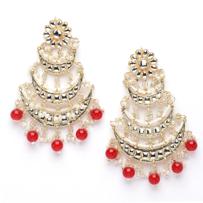 Gold-Plated Red Pearls & Kundan studded Crescent Shaped Vilandi Drop Earrings