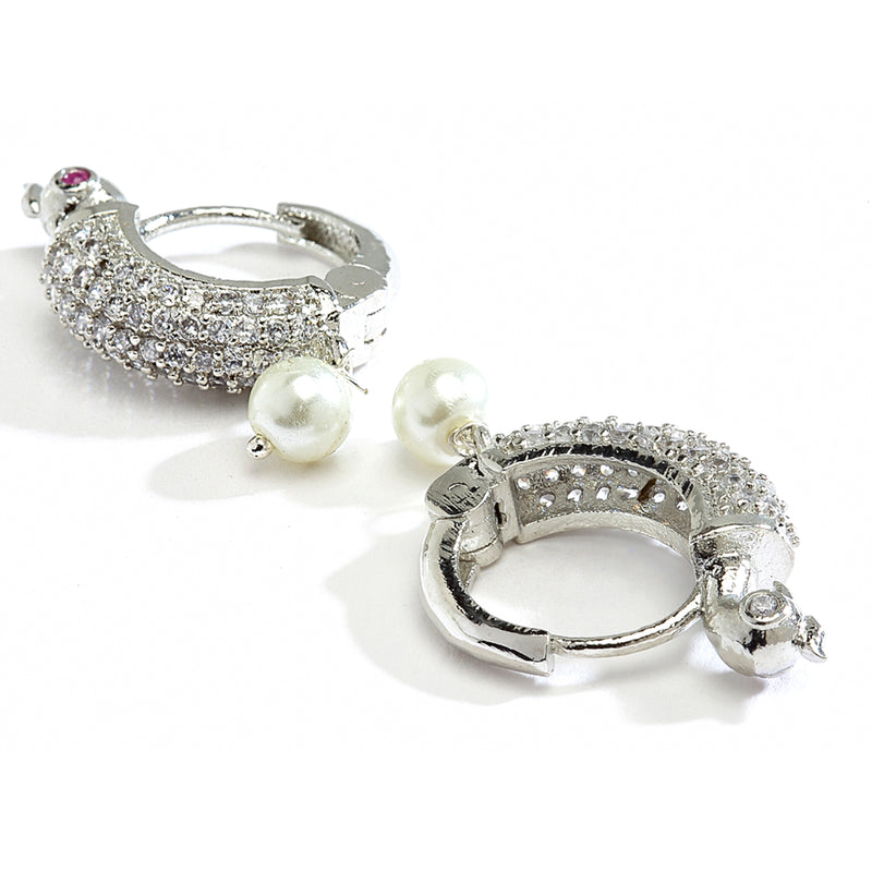 White Peacock Shaped Rhodium-Plated with Silver-Tone Hoop Earrings