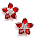 Rhodium-Plated with Silver-Toned Red American Diamond Floral Studs Earrings