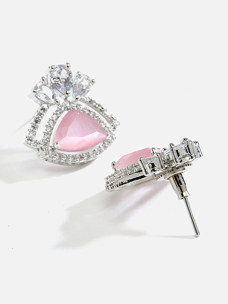 Pink American Diamond Triangular Shaped Rhodium-Plated with Silver-Tone Studs Earrings