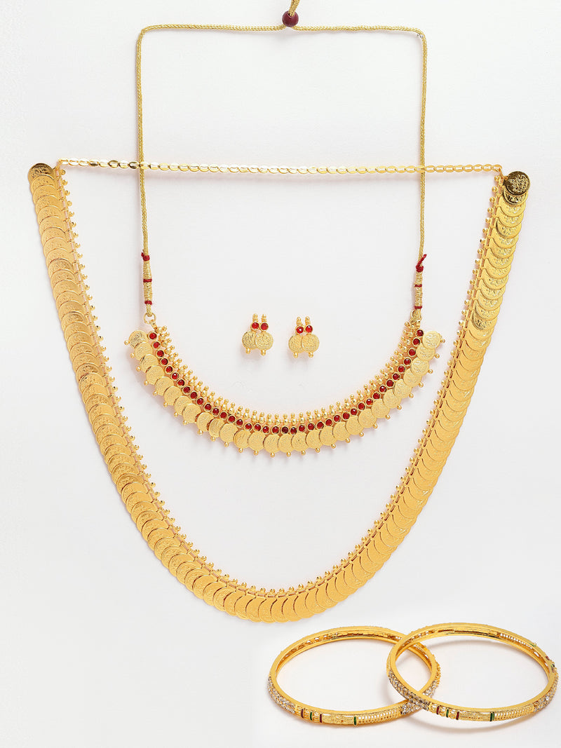 Gold-Plated Red & White Stone-Studded Temple Jewellery Set