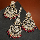 Gold-Plated Pearl Drops Red Kundan Chandbali Maang Tikka & Earrings Set