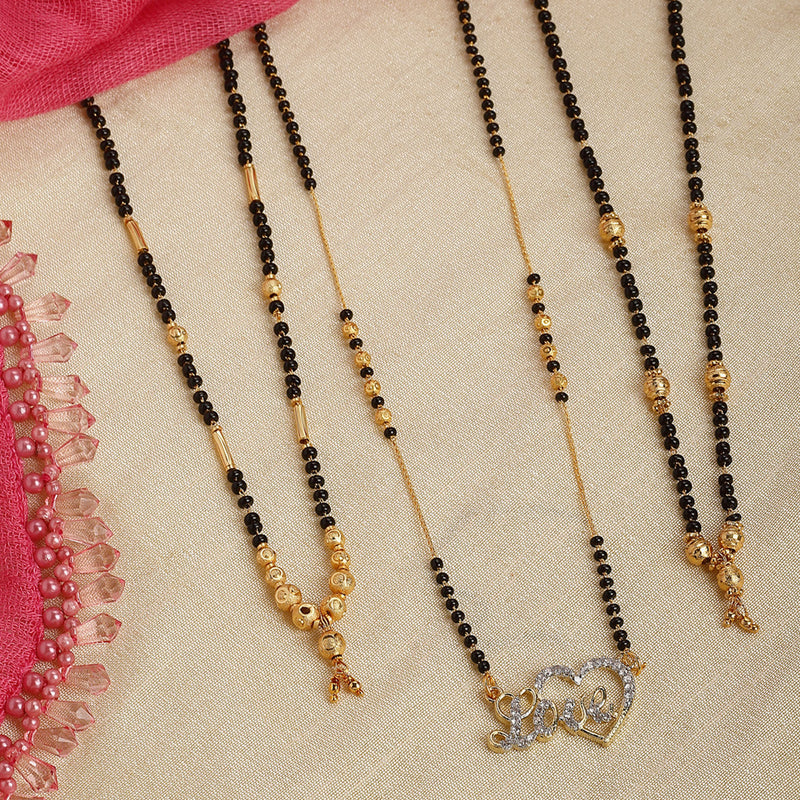 Set Of 3 Gold-Plated AD-Studded Black Beaded Mangalsutra