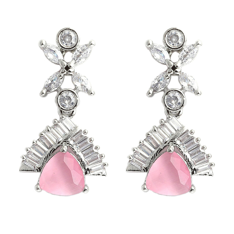 Rhodium-Plated with Silver-Tone White & Pink American Diamond-Studded Jewellery Set