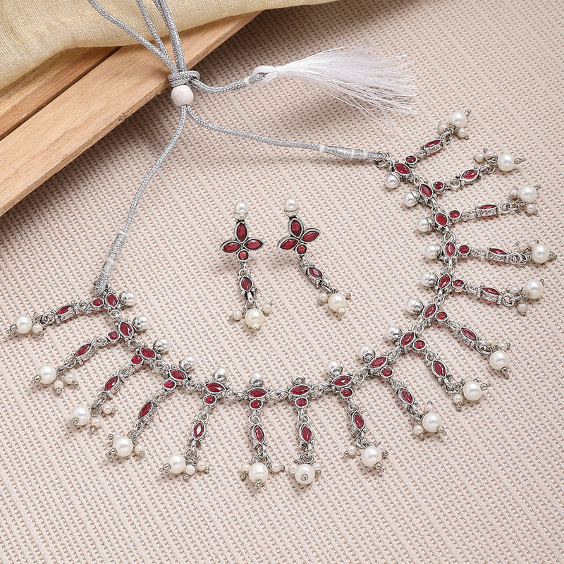 Rhodium-Plated with Oxidised Silver-Tone Red & White Kundan-Studded & Beaded Jewellery Set