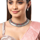 Rhodium-Plated with Oxidised Silver-Tone Green & Red Kundan Studded Handcrafted Jewellery Set
