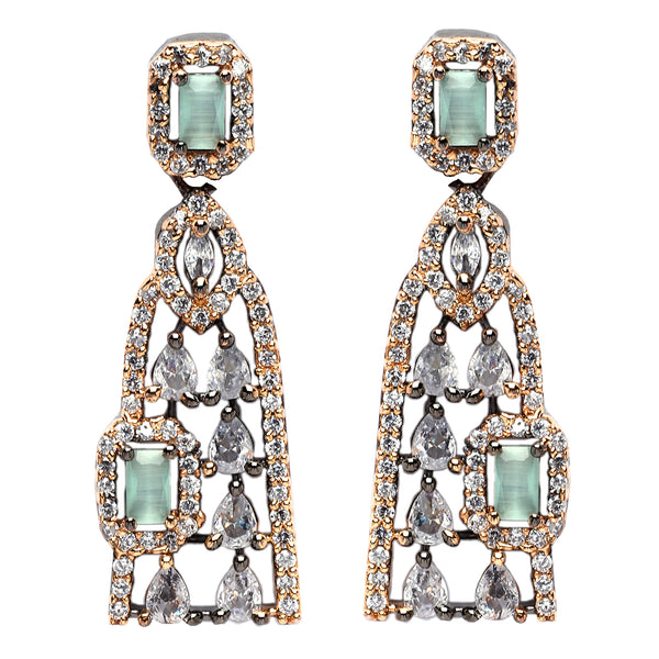Rose Gold-Plated Gunmetal Toned Sea Green American Diamond studded Classic Drop Earrings
