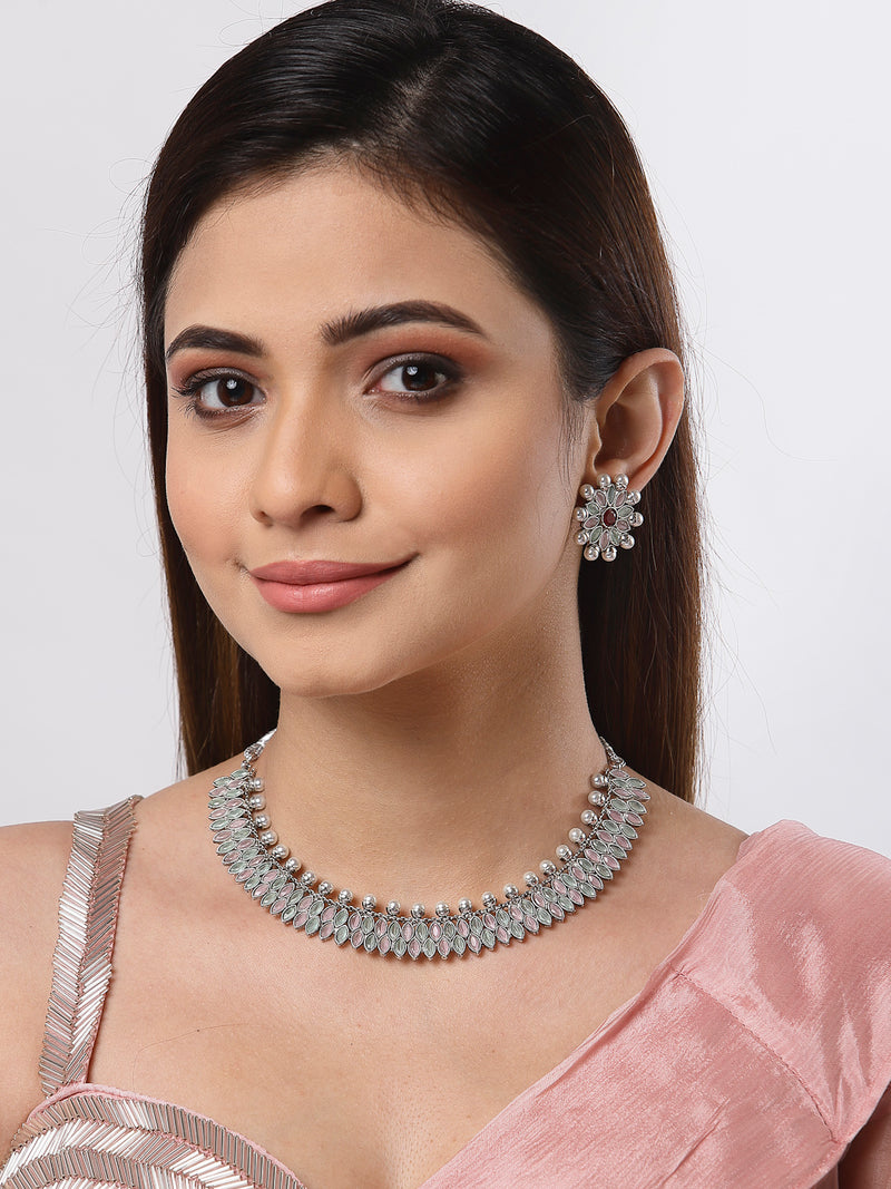 Rhodium-Plated with Silver-Tone Double Layered Kundan-Studded Leaf Shaped Jewellery Set