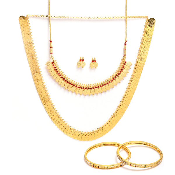 Gold-Plated Polki Red  Temple Coin Jewellery Set with Bangles & Earrings